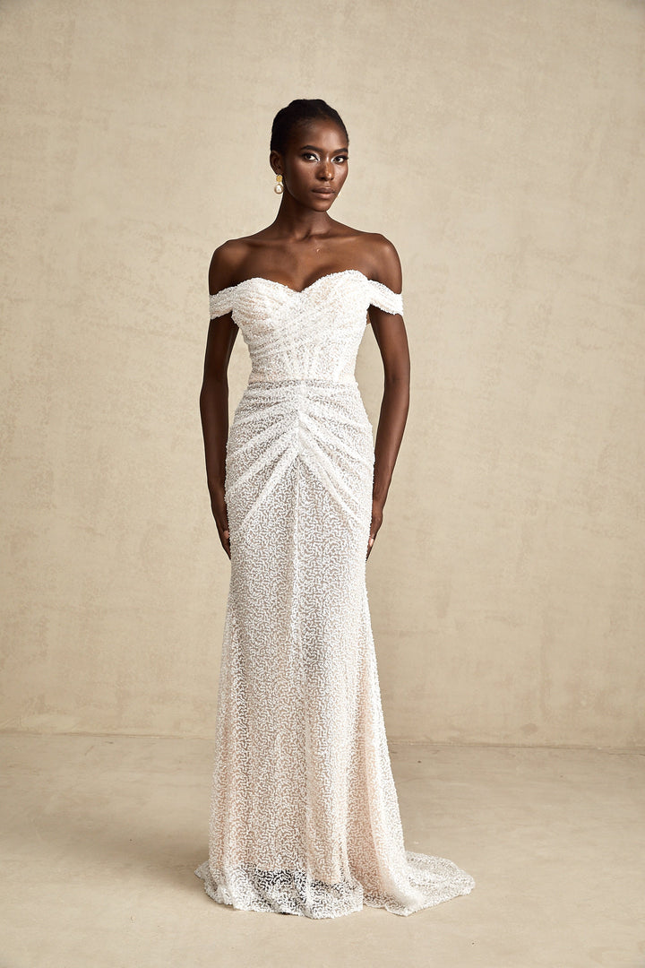 Levoire | Robe Maxi Off-Shoulder Blanche Ornée