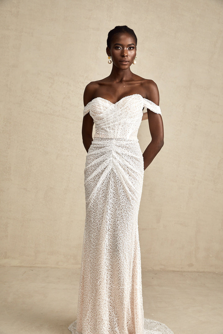Levoire | Robe Maxi Off-Shoulder Blanche Ornée