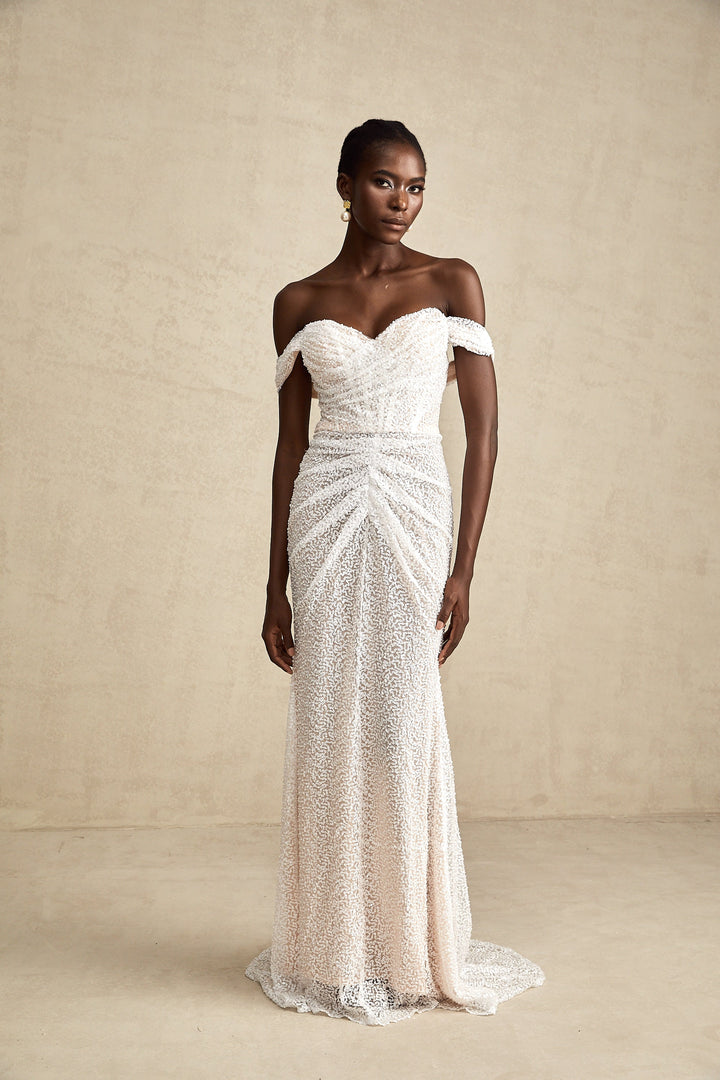 Levoire | Robe Maxi Off-Shoulder Blanche Ornée