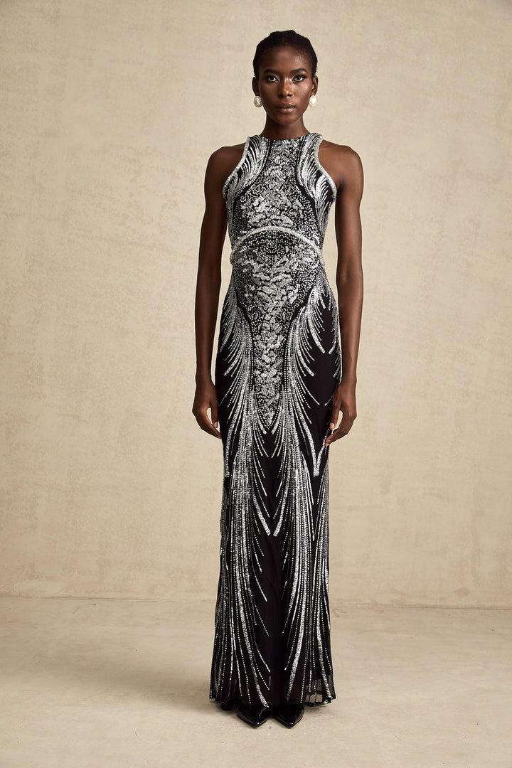 Levoire | Robe Maxi Sans Manches Décorée Évasée Noire