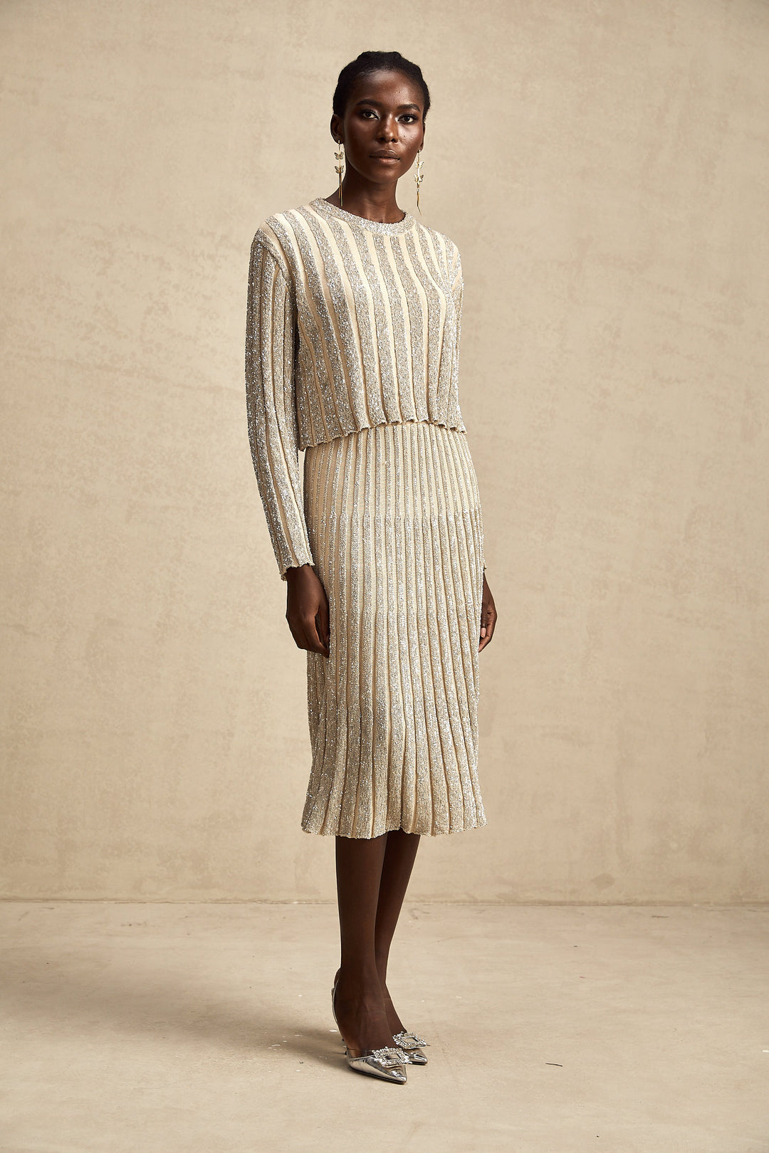 Levoire | Ensemble De Top En Tricot Rayé Champagne Et Jupe Assorti