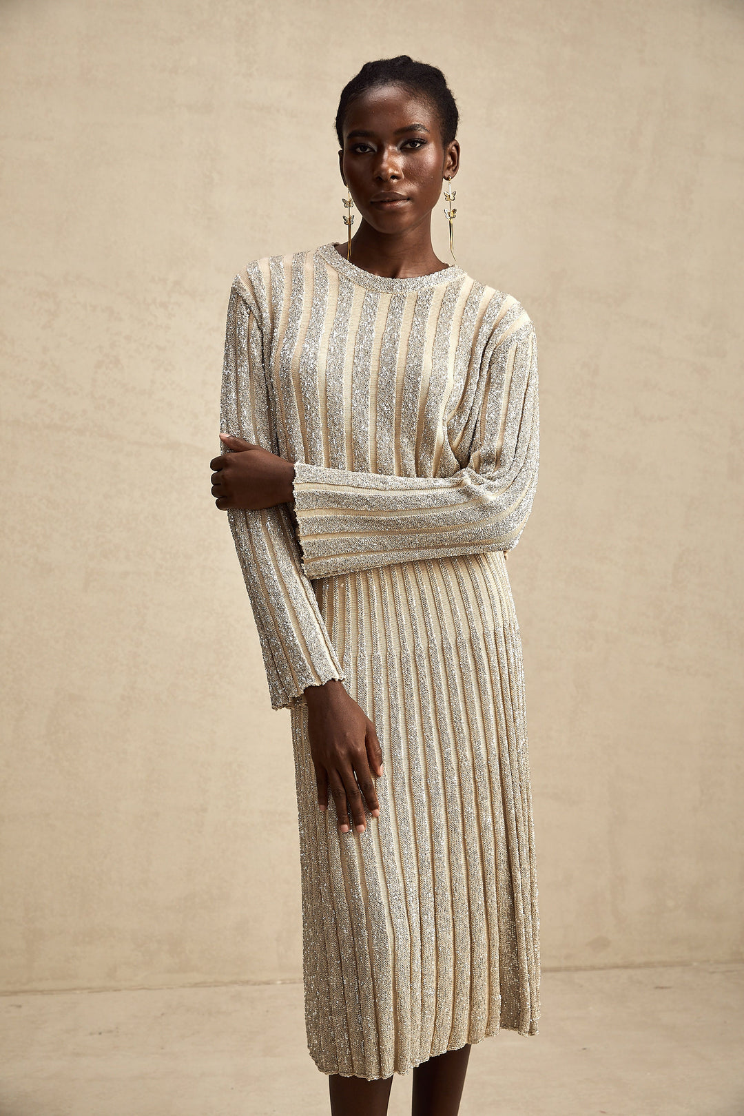 Levoire | Ensemble De Top En Tricot Rayé Champagne Et Jupe Assorti