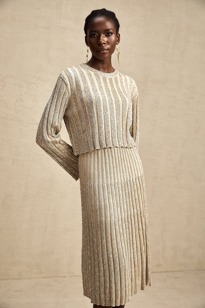 Levoire | Ensemble De Top En Tricot Rayé Champagne Et Jupe Assorti