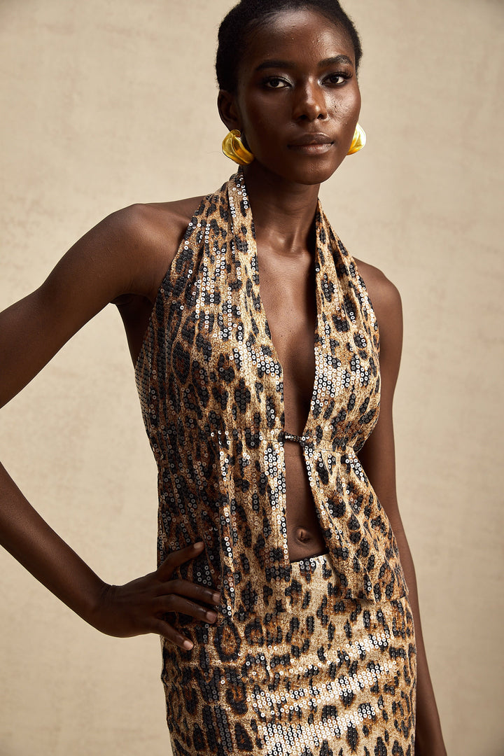 Levoire | Motif Léopard Top À Paillettes & Jupe Ensemble Assorti