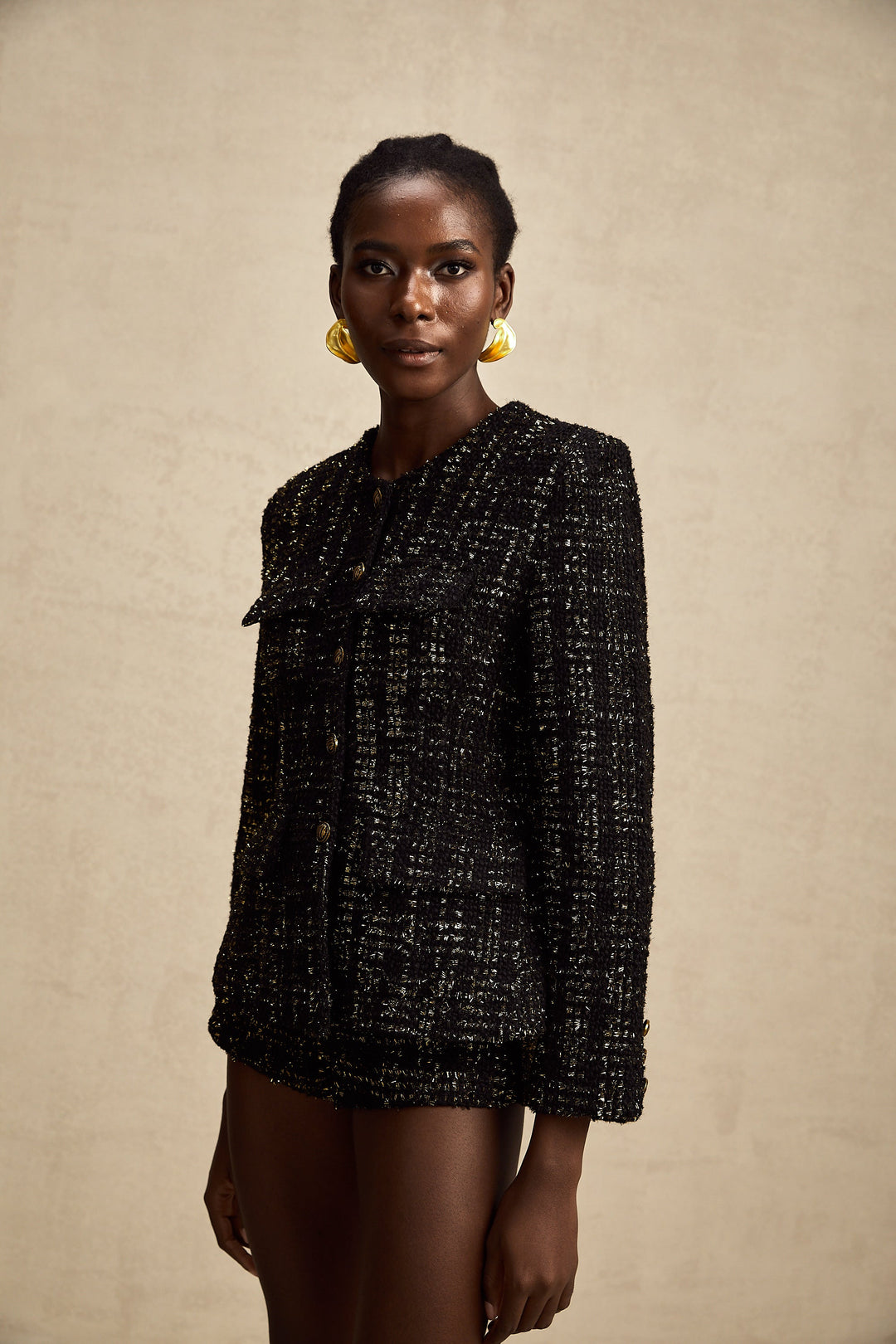 Levoire | Veste En Tweed Métallique Noire Et Short Ensemble Assorti