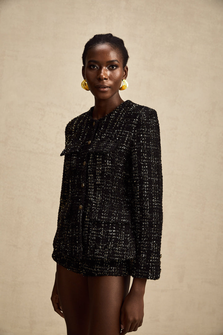 Levoire | Veste En Tweed Métallique Noire Et Short Ensemble Assorti