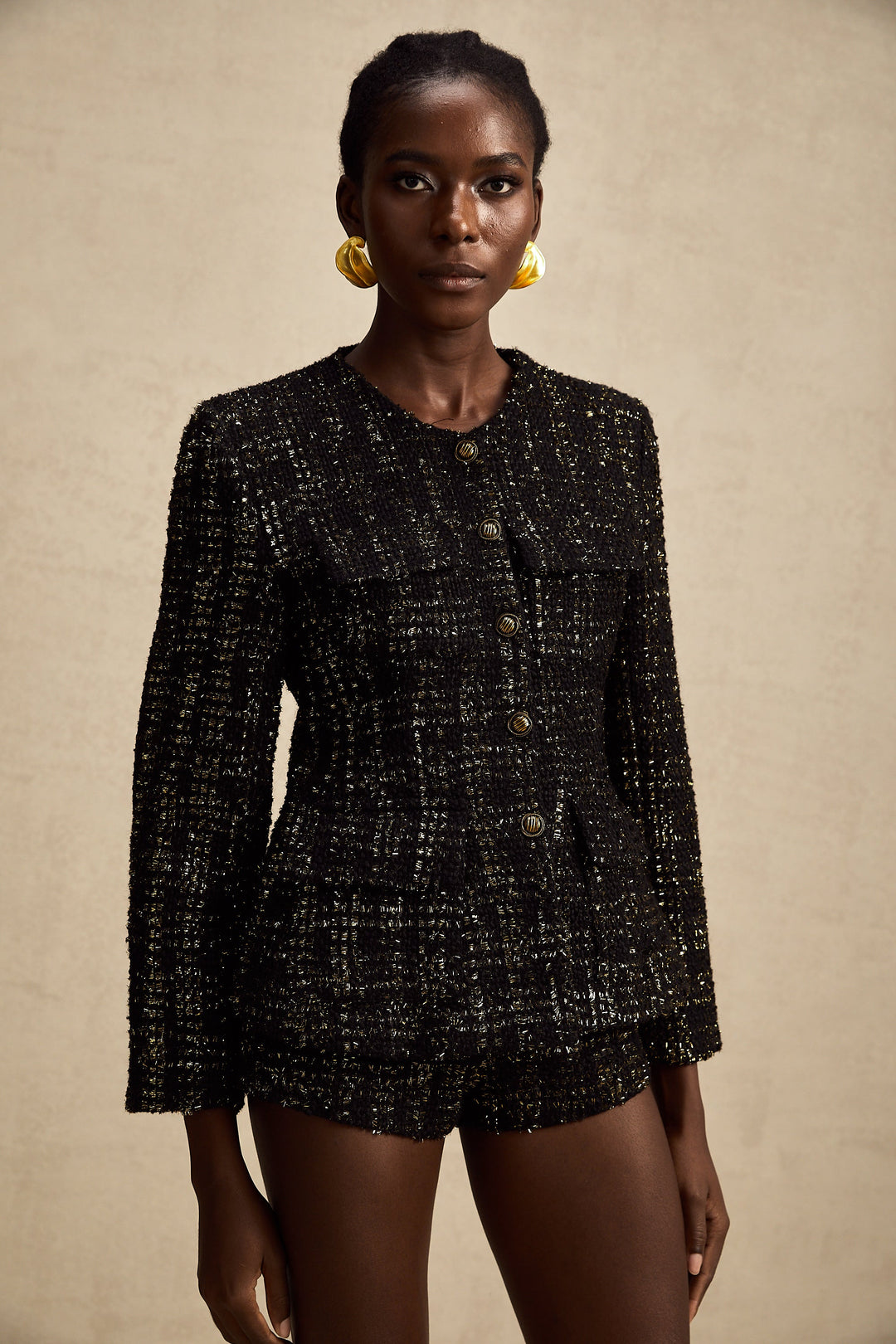 Levoire | Veste En Tweed Métallique Noire Et Short Ensemble Assorti