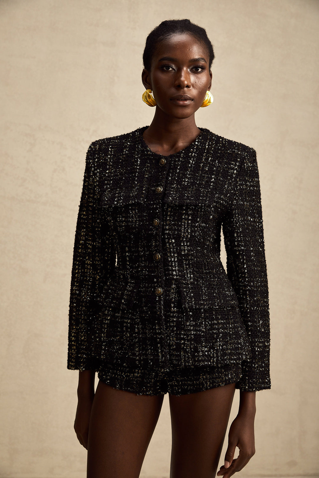 Levoire | Veste En Tweed Métallique Noire Et Short Ensemble Assorti
