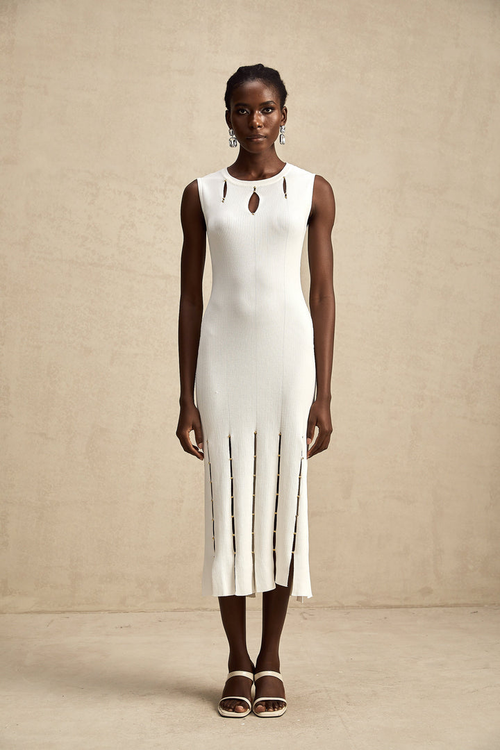 Levoire | Robe Midi En Tricot Sans Manches À Découpes Ornée De Perles Blanches