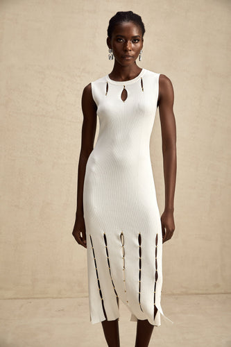 Levoire | Robe Midi En Tricot Sans Manches À Découpes Ornée De Perles Blanches