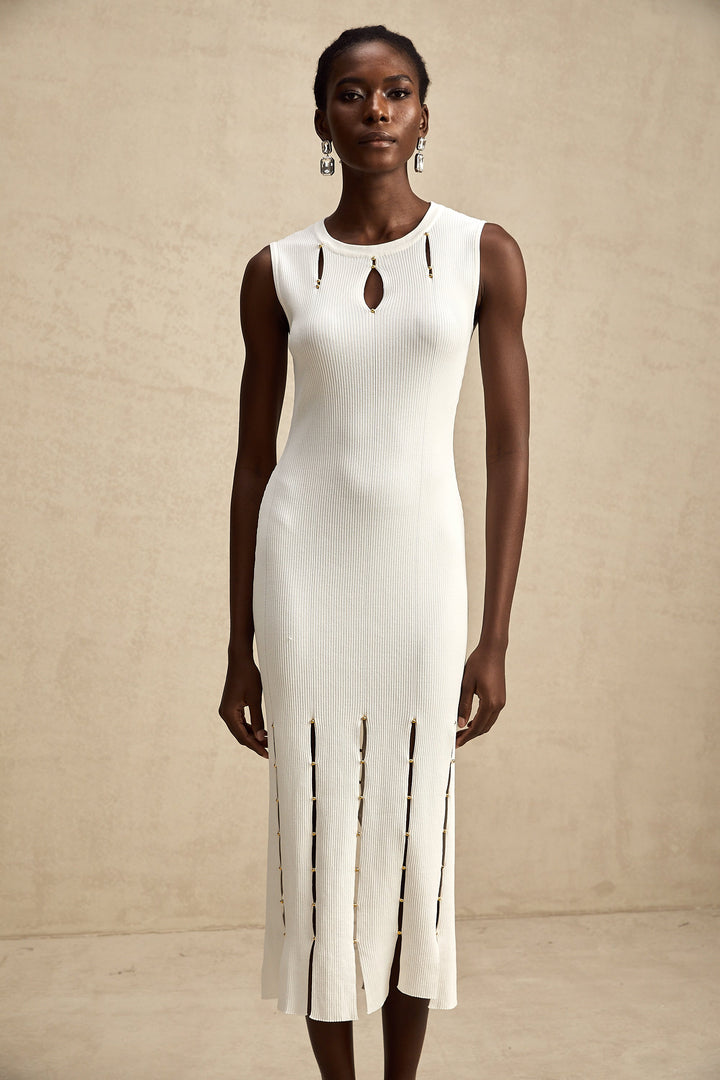 Levoire | Robe Midi En Tricot Sans Manches À Découpes Ornée De Perles Blanches