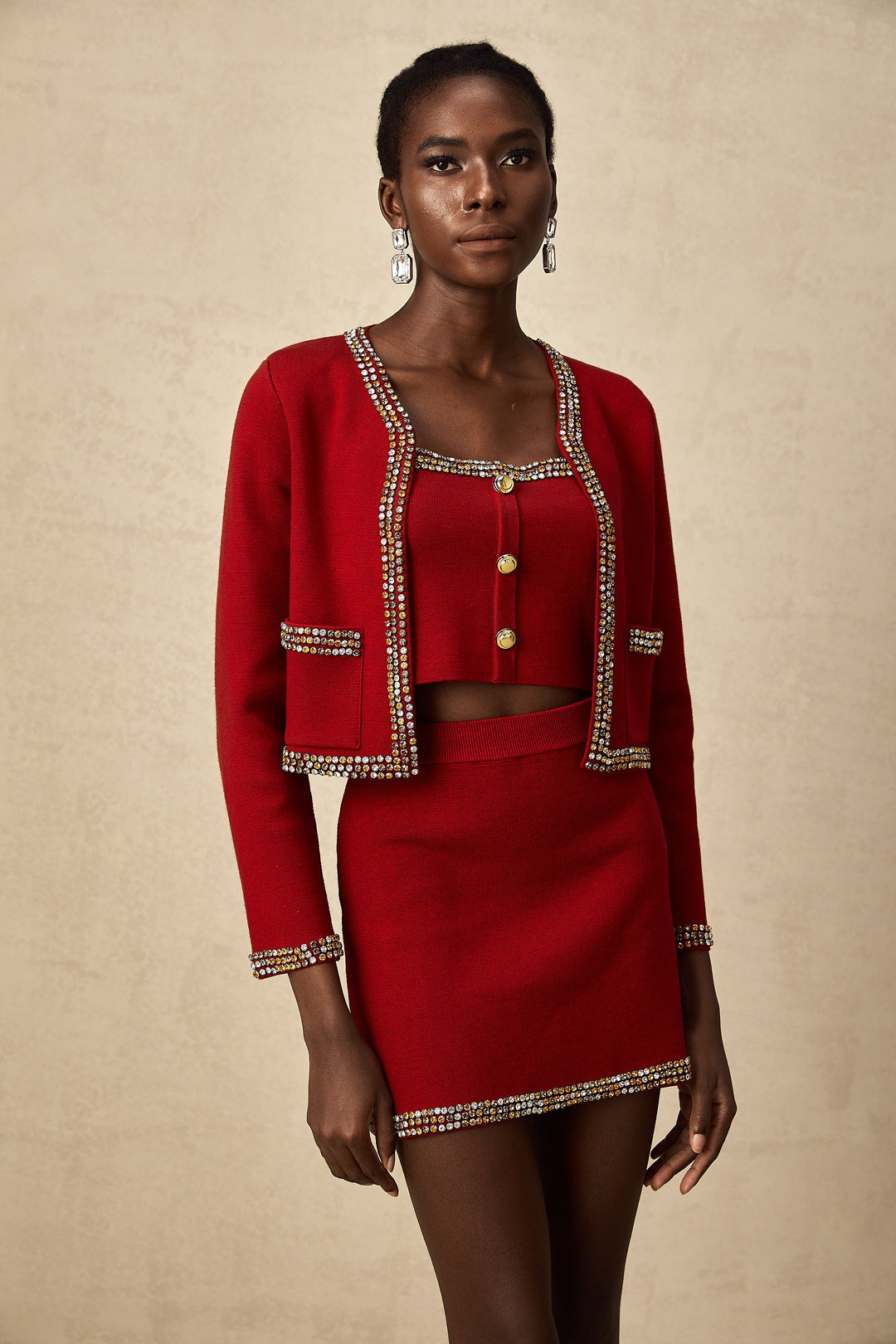 Levoire | Veste En Tricot À Boutons Rouges & Gilet & Jupe Ensemble Assorti