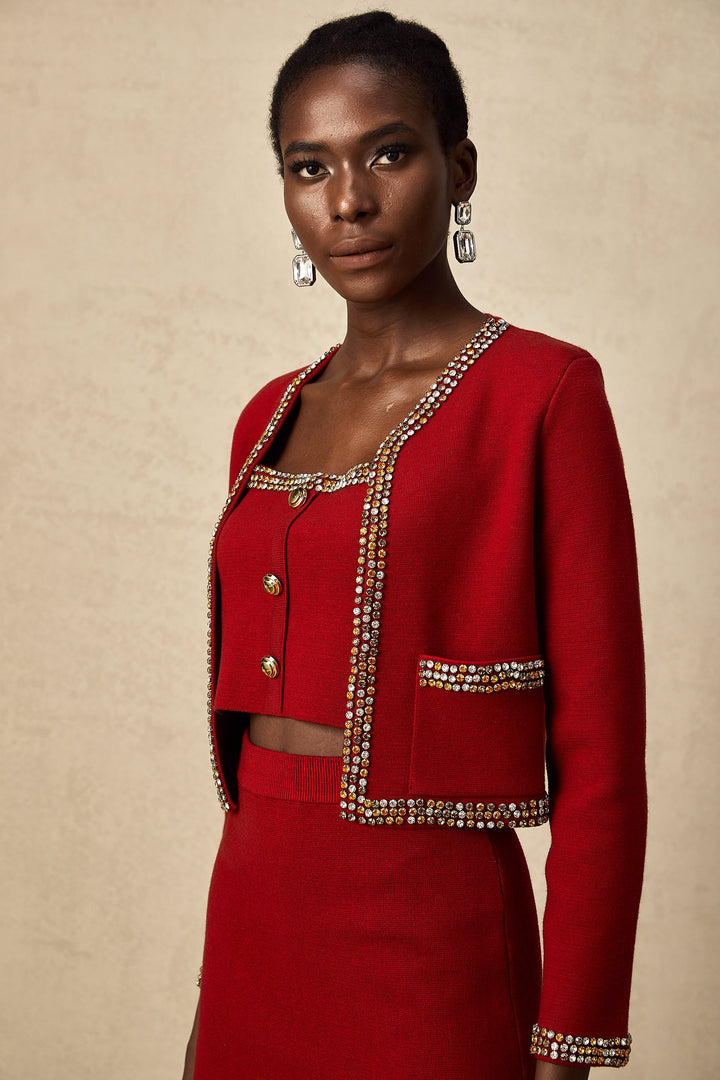 Levoire | Veste En Tricot À Boutons Rouges & Gilet & Jupe Ensemble Assorti