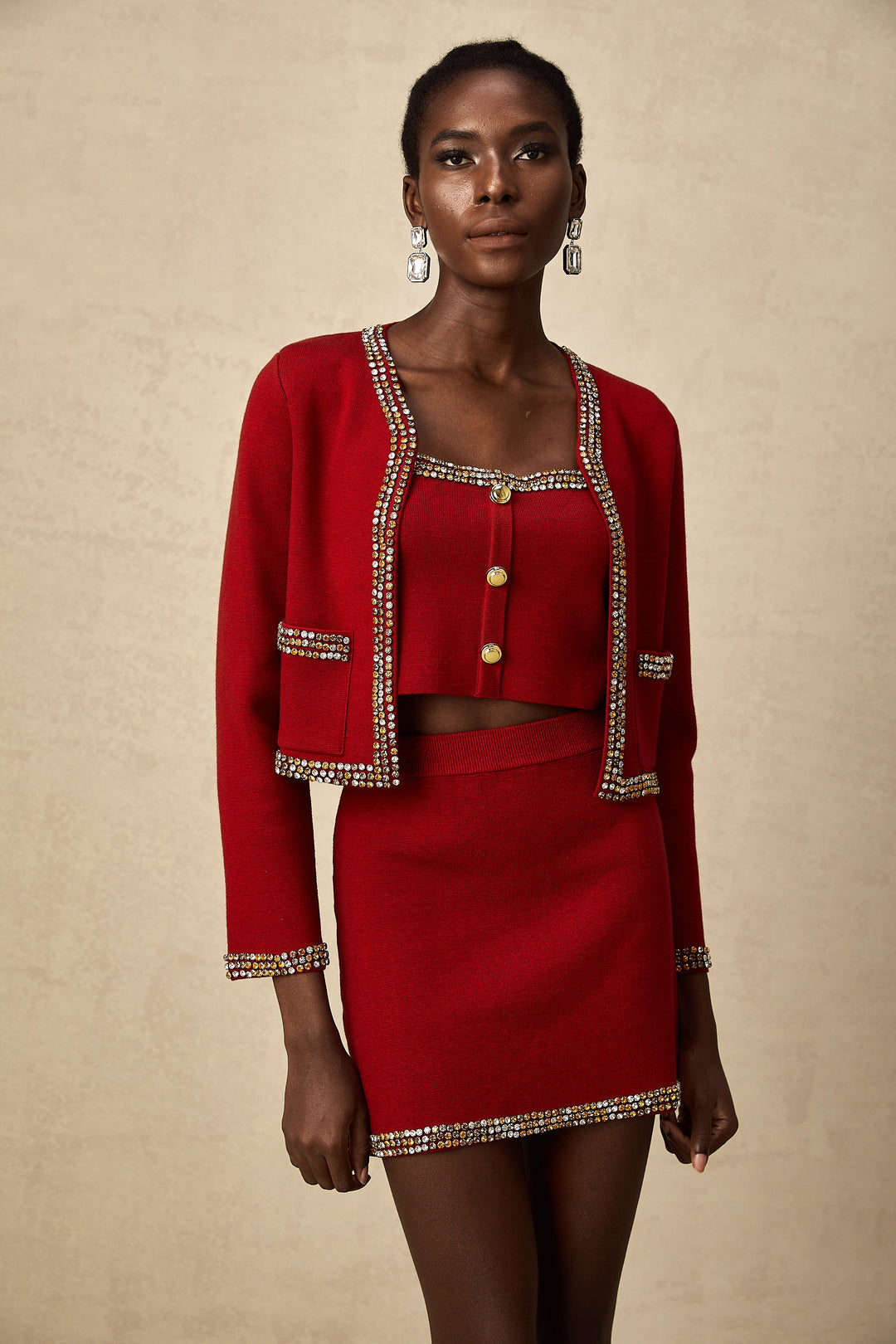 Levoire | Veste En Tricot À Boutons Rouges & Gilet & Jupe Ensemble Assorti