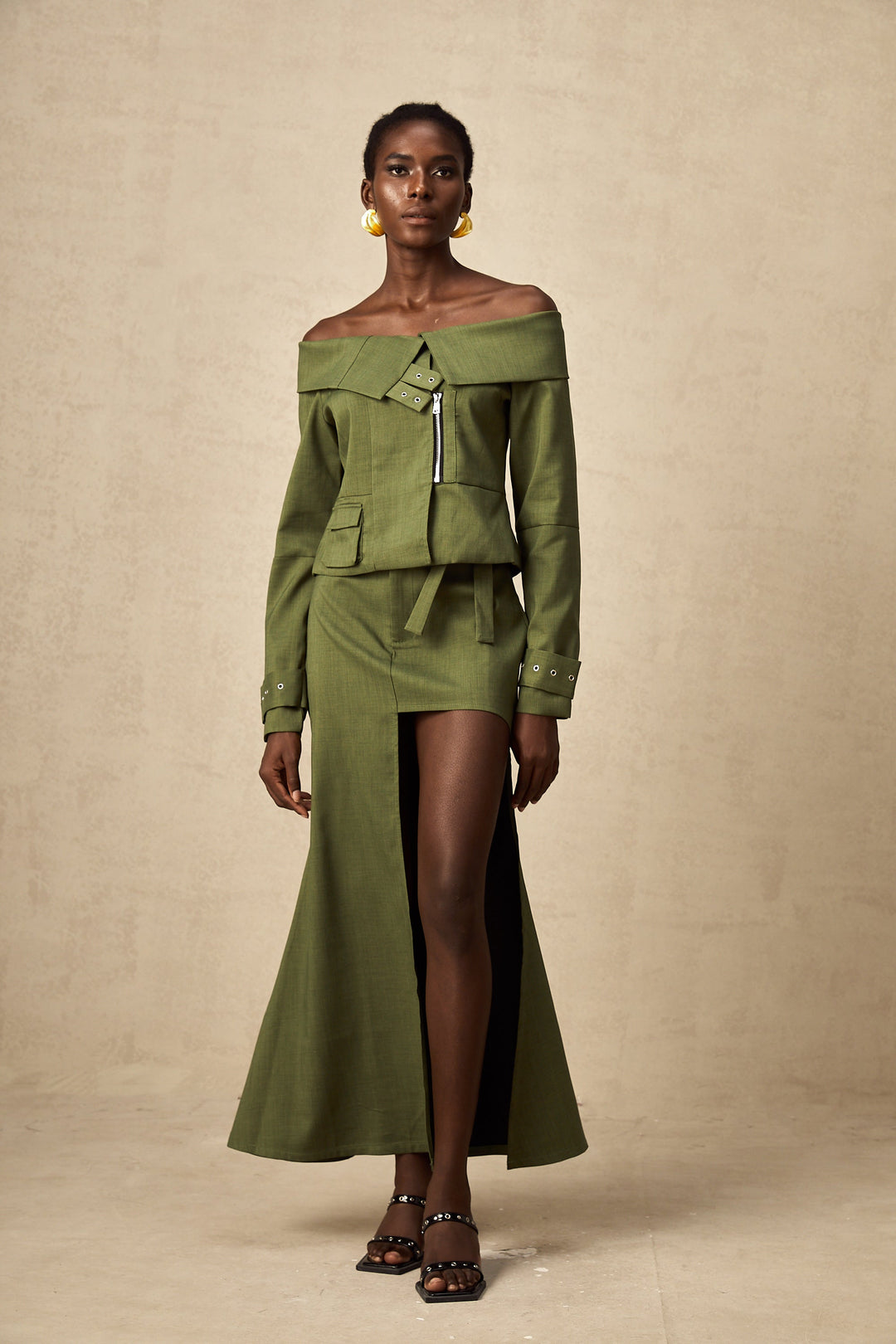 Levoire | Veste À Design Asymétrique Vert & Jupe Ensemble Coordiné