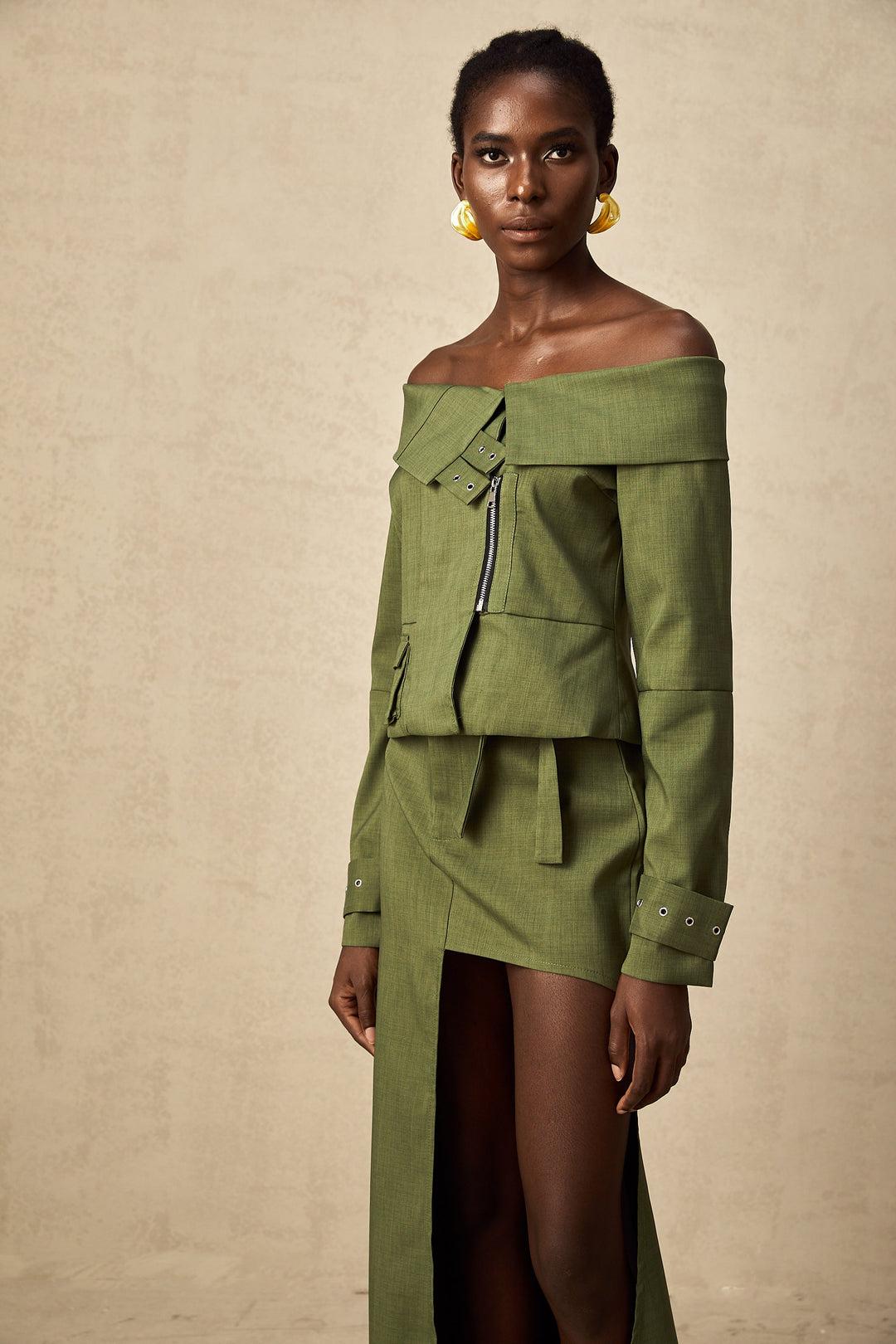 Levoire | Veste À Design Asymétrique Vert & Jupe Ensemble Coordiné