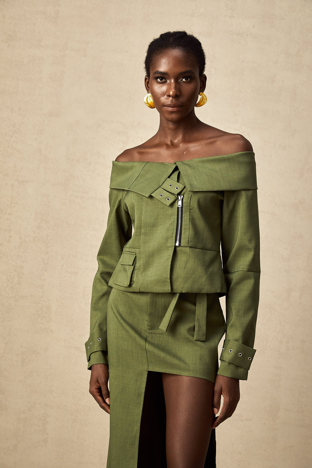 Levoire | Veste À Design Asymétrique Vert & Jupe Ensemble Coordiné