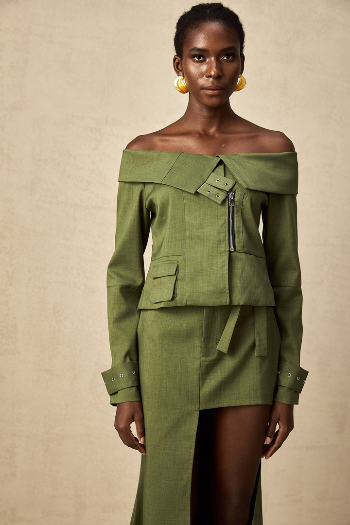 Levoire | Veste À Design Asymétrique Vert & Jupe Ensemble Coordiné