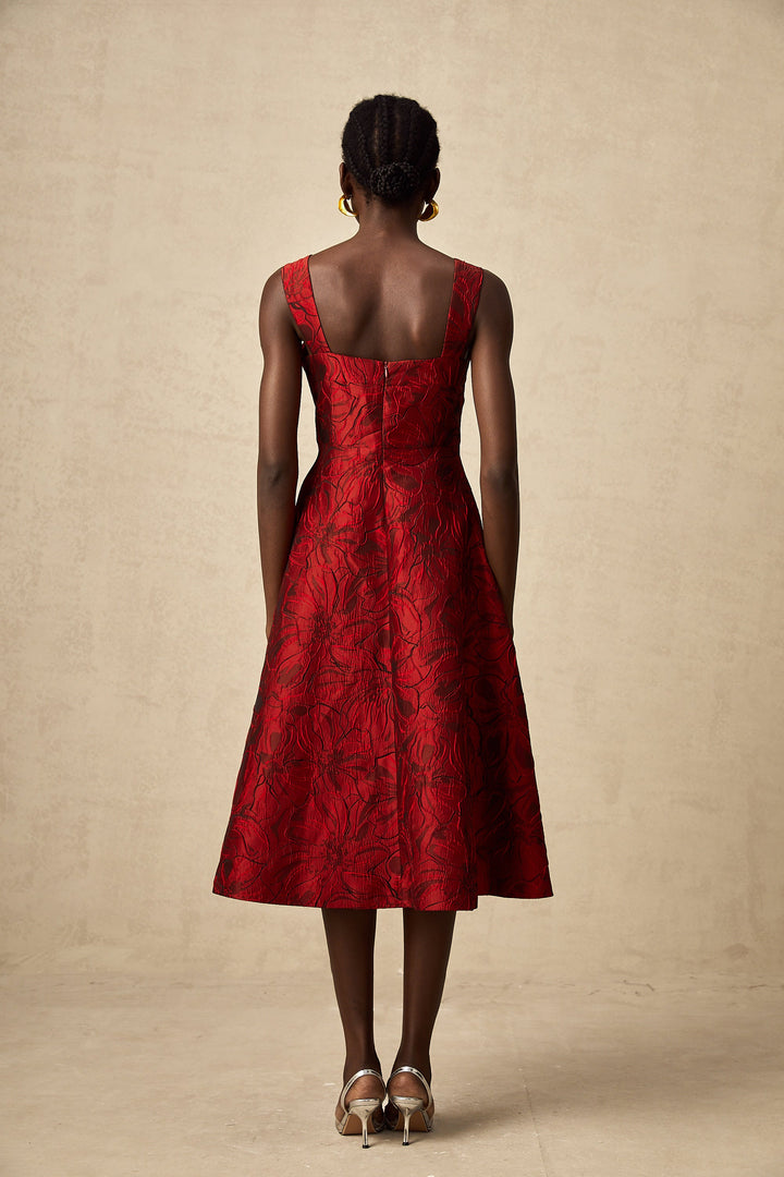 Levoire | Robe Midi Jacquard Fleurs Rouges