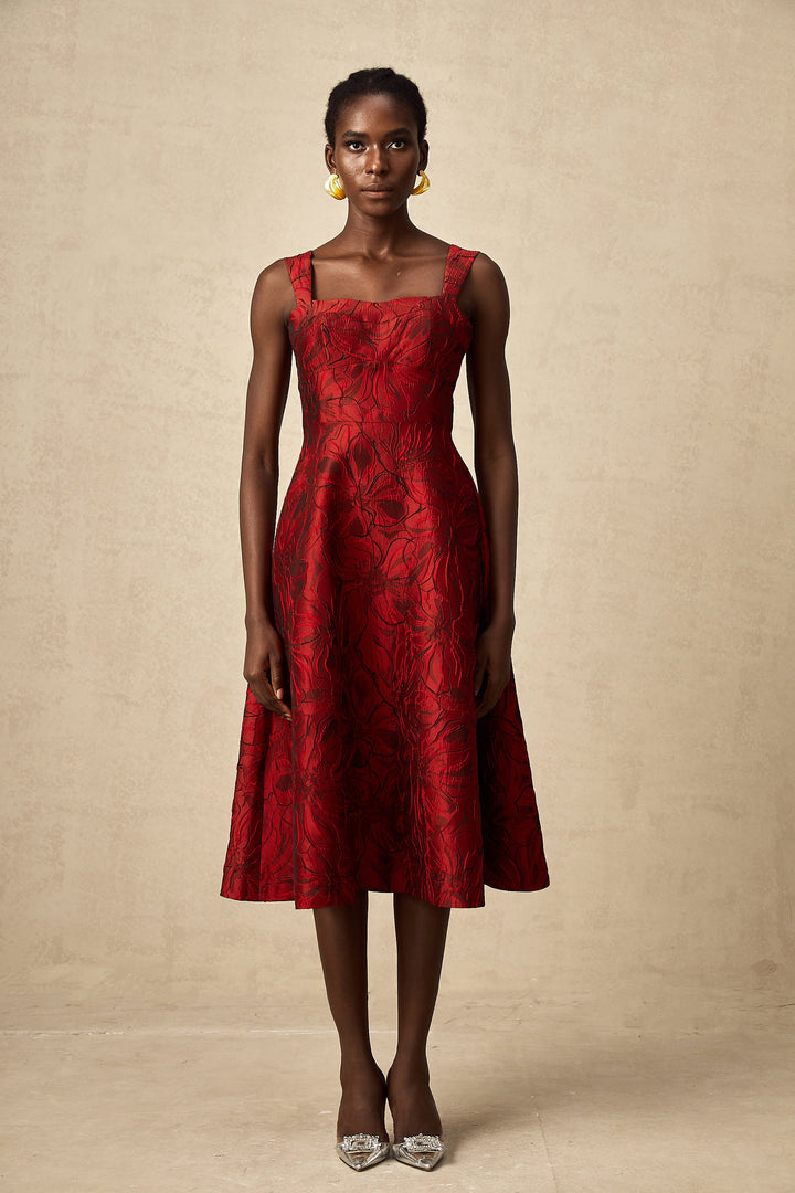 Levoire | Robe Midi Jacquard Fleurs Rouges