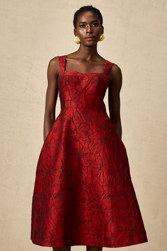 Levoire | Robe Midi Jacquard Fleurs Rouges