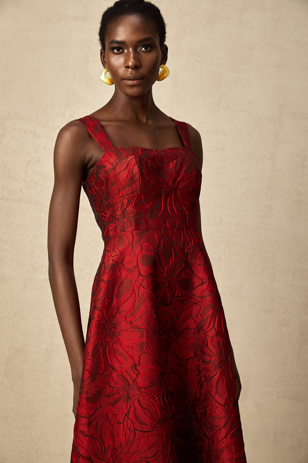 Levoire | Robe Midi Jacquard Fleurs Rouges