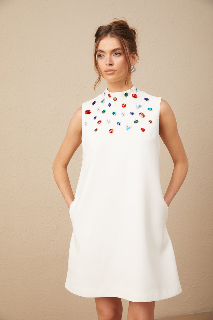 Levoire | Élise Blanc Cristal Grande Taille Nœud Sans Manches Mini Robe