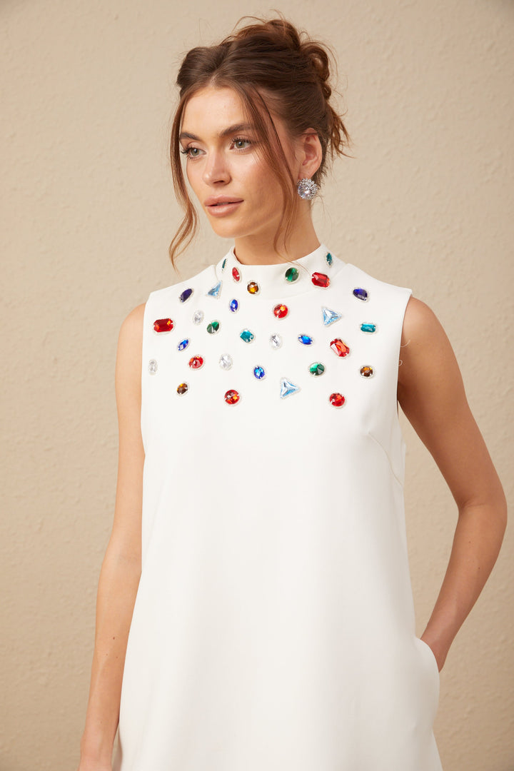 Levoire | Élise Blanc Cristal Grande Taille Nœud Sans Manches Mini Robe