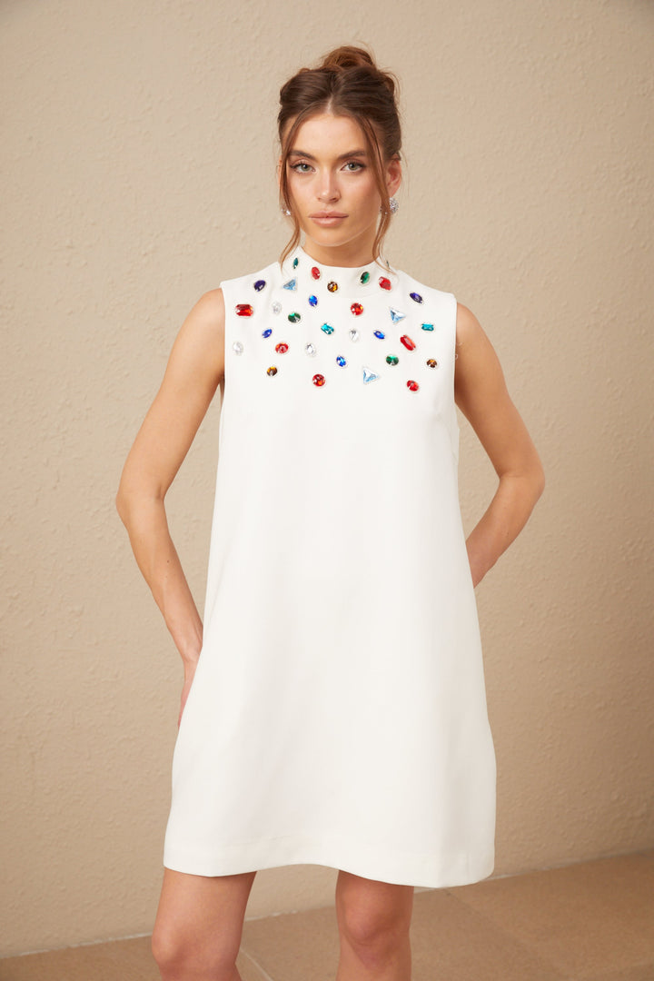 Levoire | Élise Blanc Cristal Grande Taille Nœud Sans Manches Mini Robe