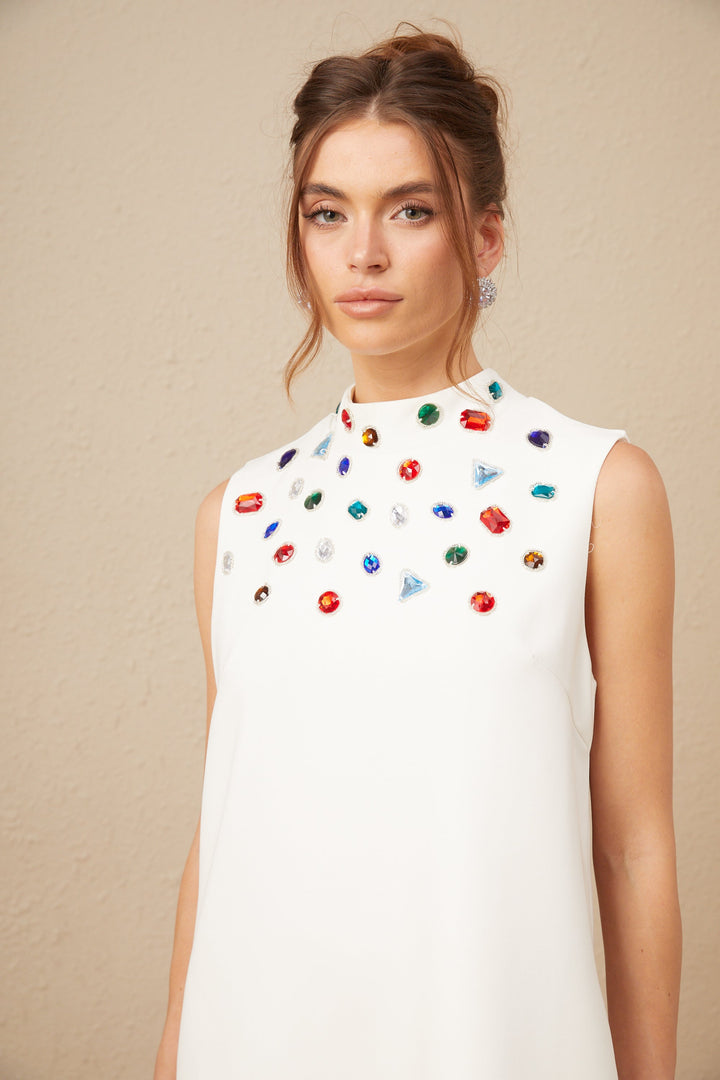 Levoire | Élise Blanc Cristal Grande Taille Nœud Sans Manches Mini Robe
