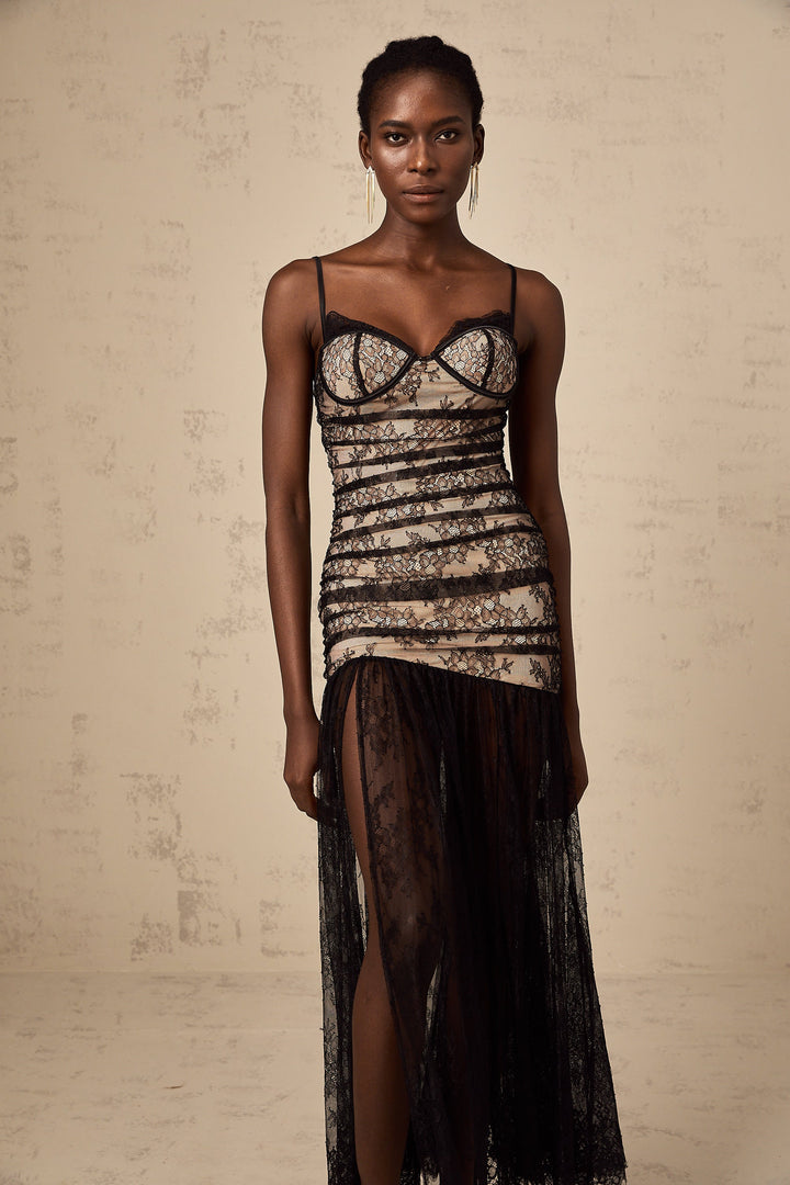 Levoire | Robe Midi À Volants En Dentelle Brodée De Fleurs