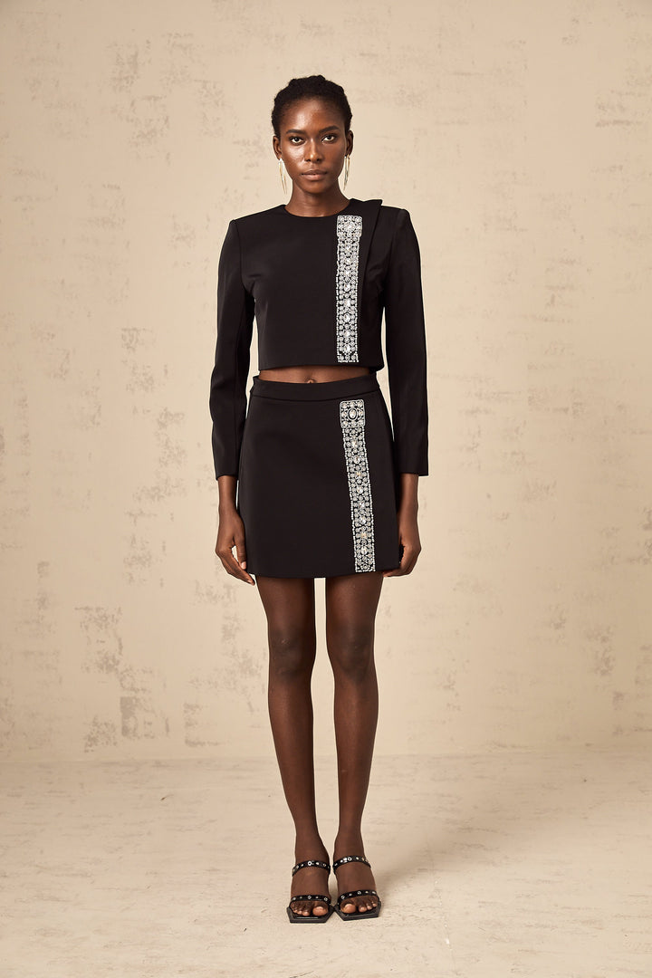 Levoire | Haut De Tenues Avec Cristaux Noirs Et Jupe Ensemble Assorti