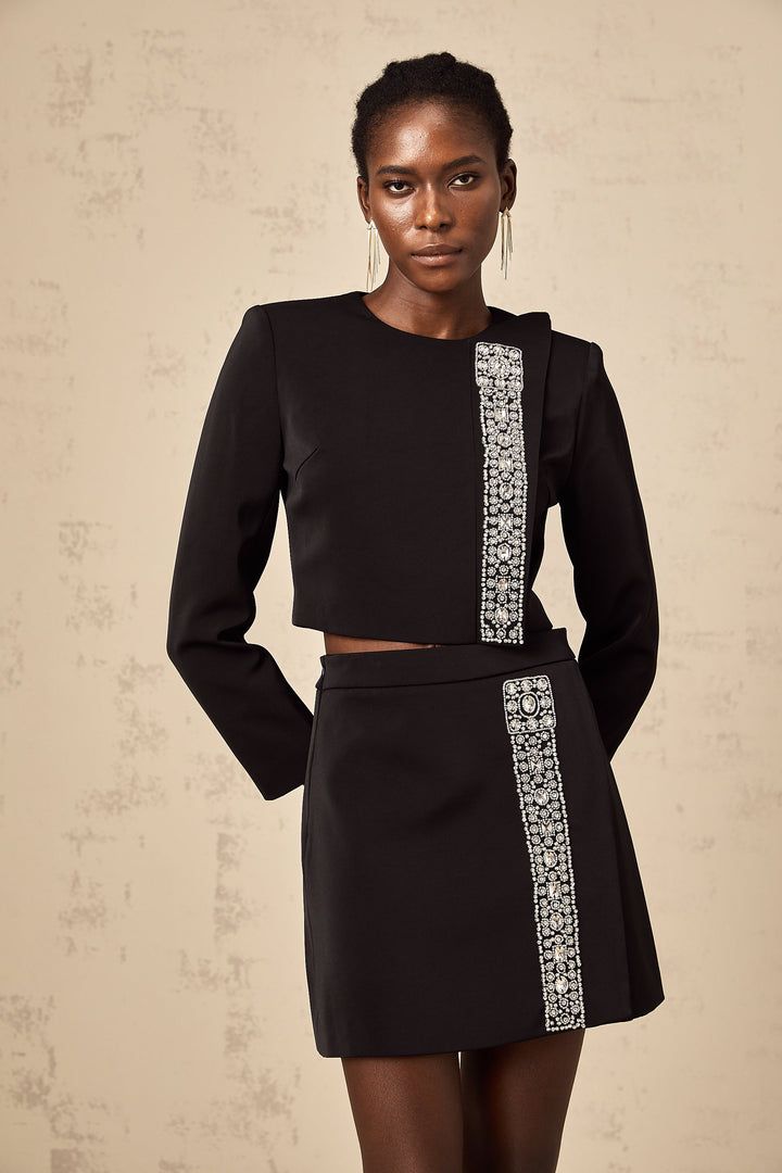 Levoire | Haut De Tenues Avec Cristaux Noirs Et Jupe Ensemble Assorti