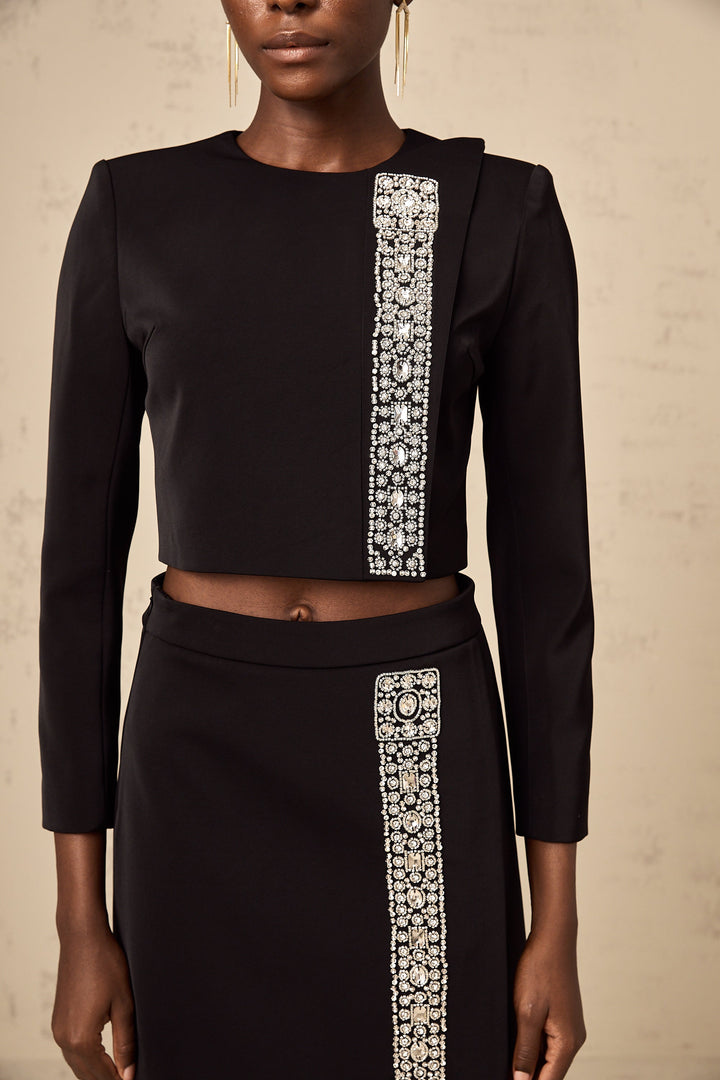 Levoire | Haut De Tenues Avec Cristaux Noirs Et Jupe Ensemble Assorti