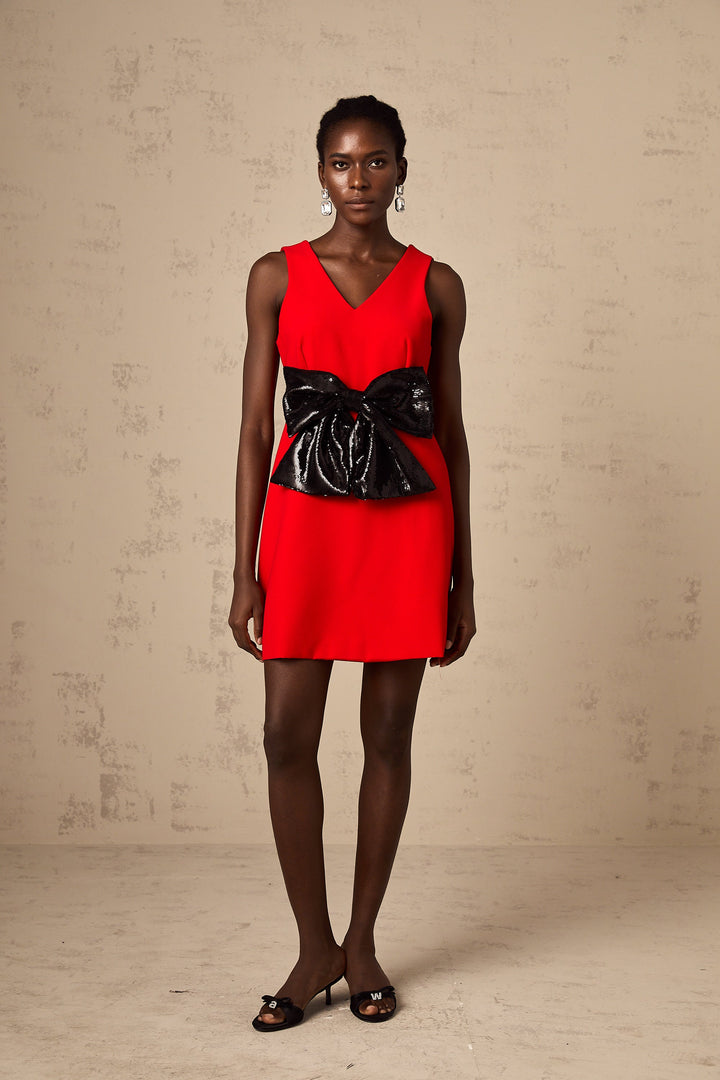 Levoire | V-Décolleté Paillettes Nœud Mini Robe Rouge