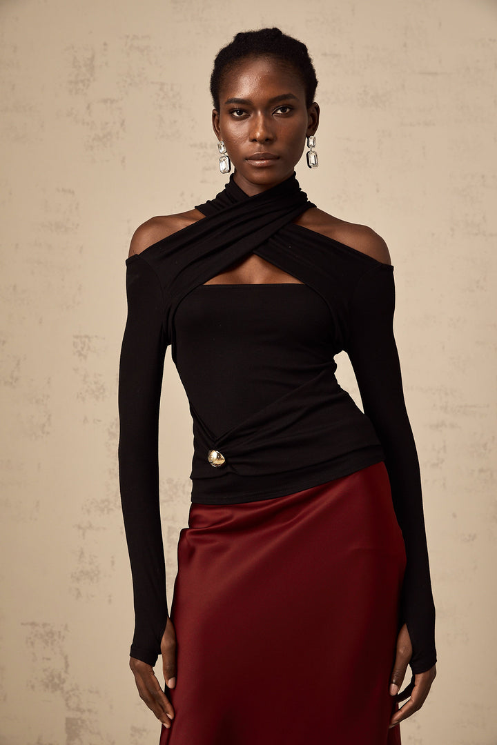 Levoire | Chemisier Noir À Volants En Jersey Extensible