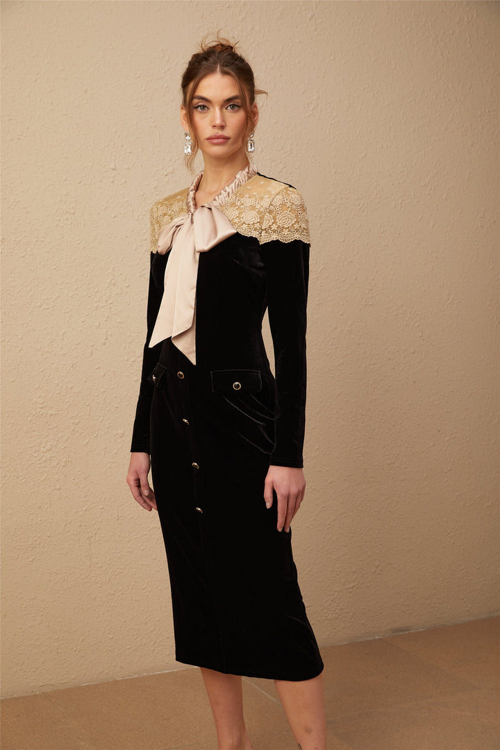 Levoire | Robe Midi Noire À Col Lié Panels