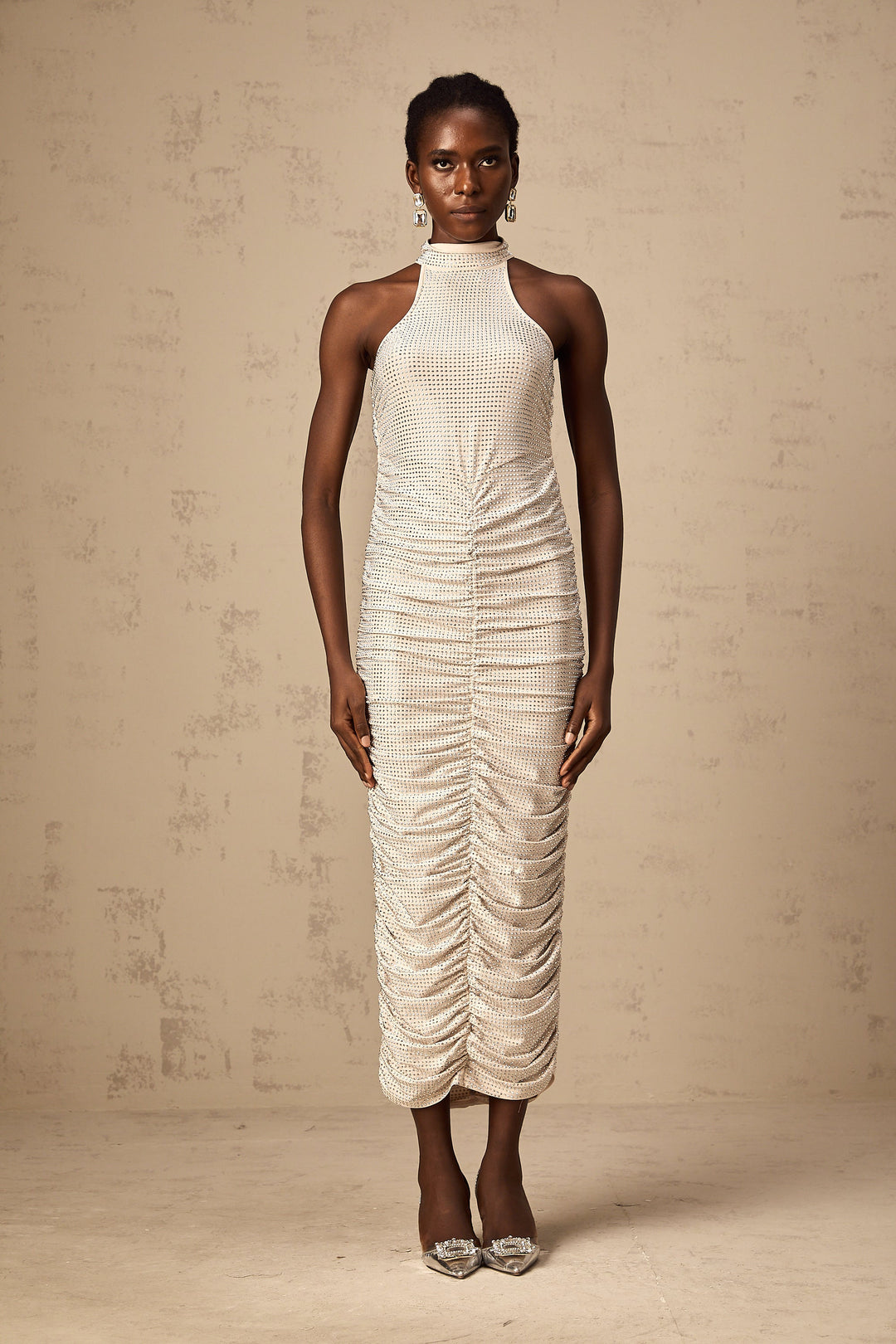 Levoire | Robe Midi Ajustée À Fronces Ornée D'Empiècements Studded