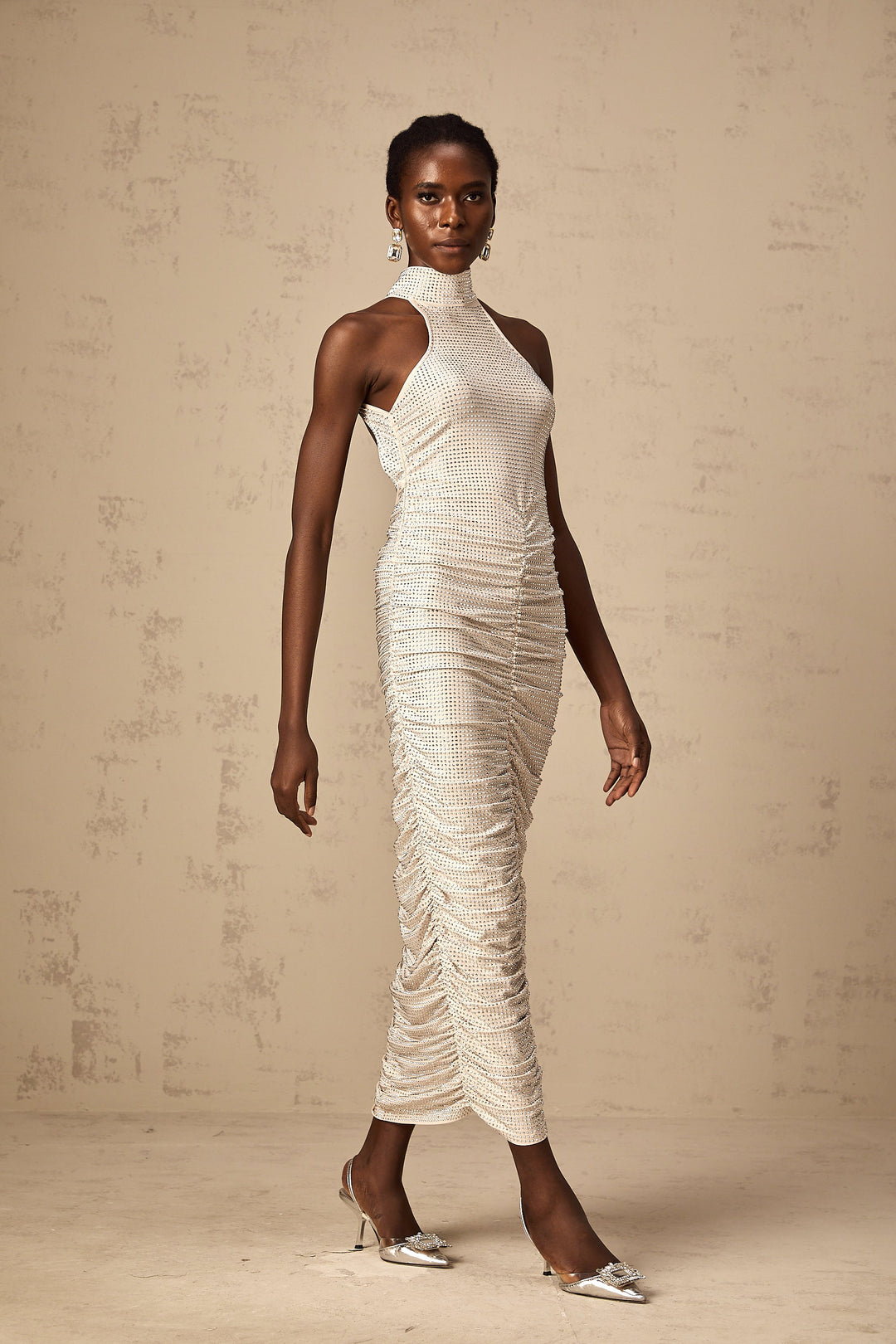Levoire | Robe Midi Ajustée À Fronces Ornée D'Empiècements Studded