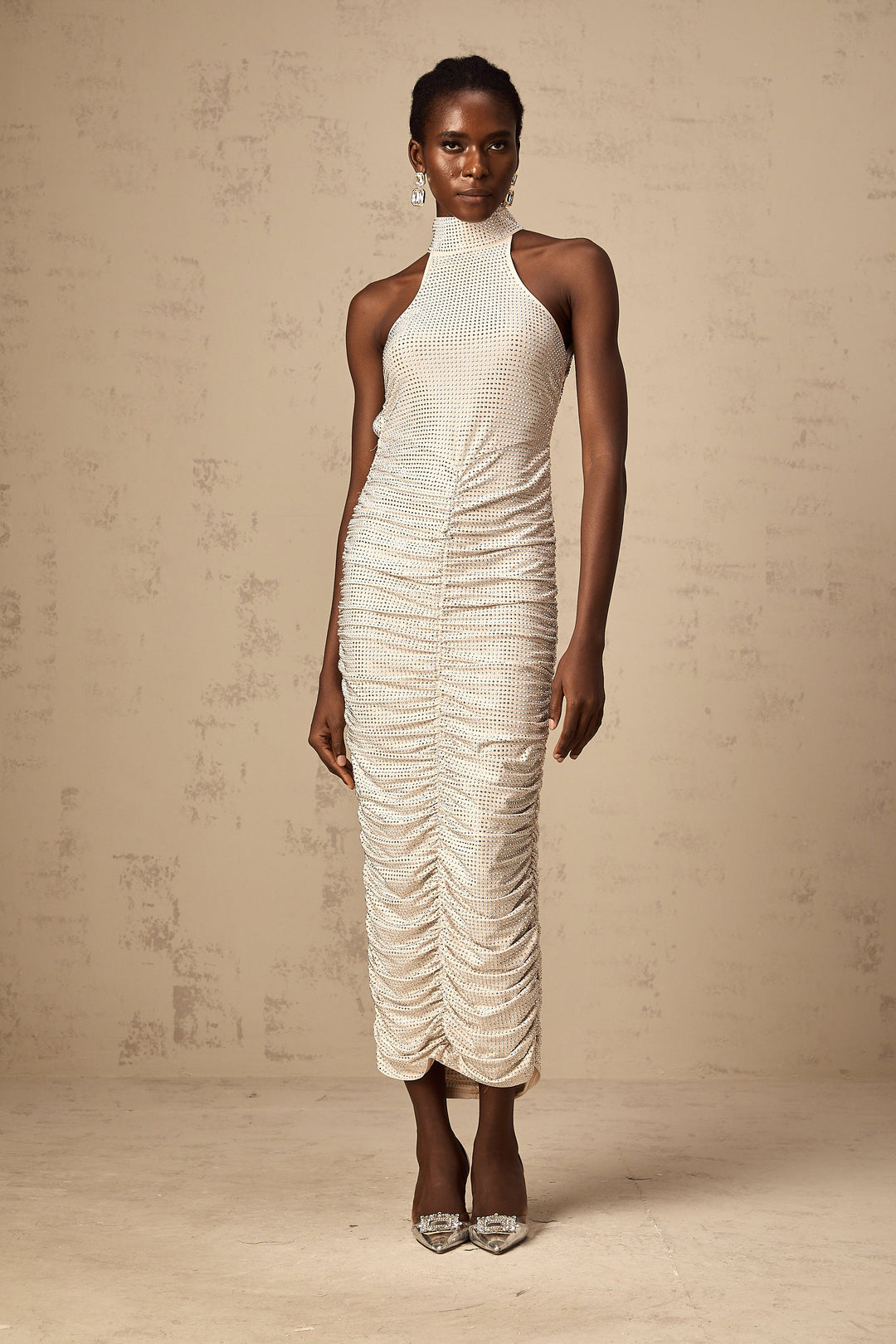 Levoire | Robe Midi Ajustée À Fronces Ornée D'Empiècements Studded