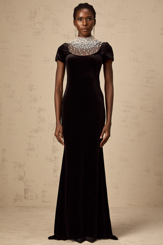 Levoire | Noir Faux Perles Décoré Velours Maxi Robe