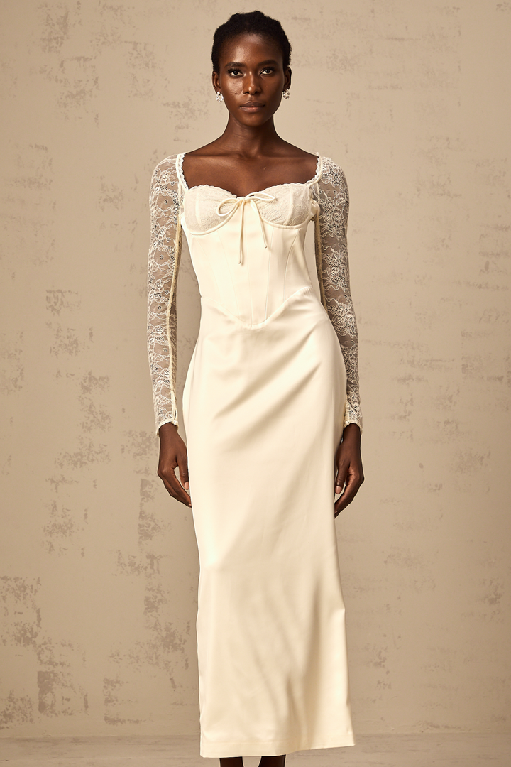 Levoire | Robe Midi En Satin Blanc Avec Panneaux En Dentelle