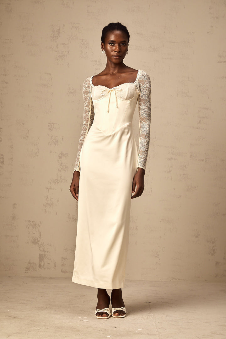 Levoire | Robe Midi En Satin Blanc Avec Panneaux En Dentelle