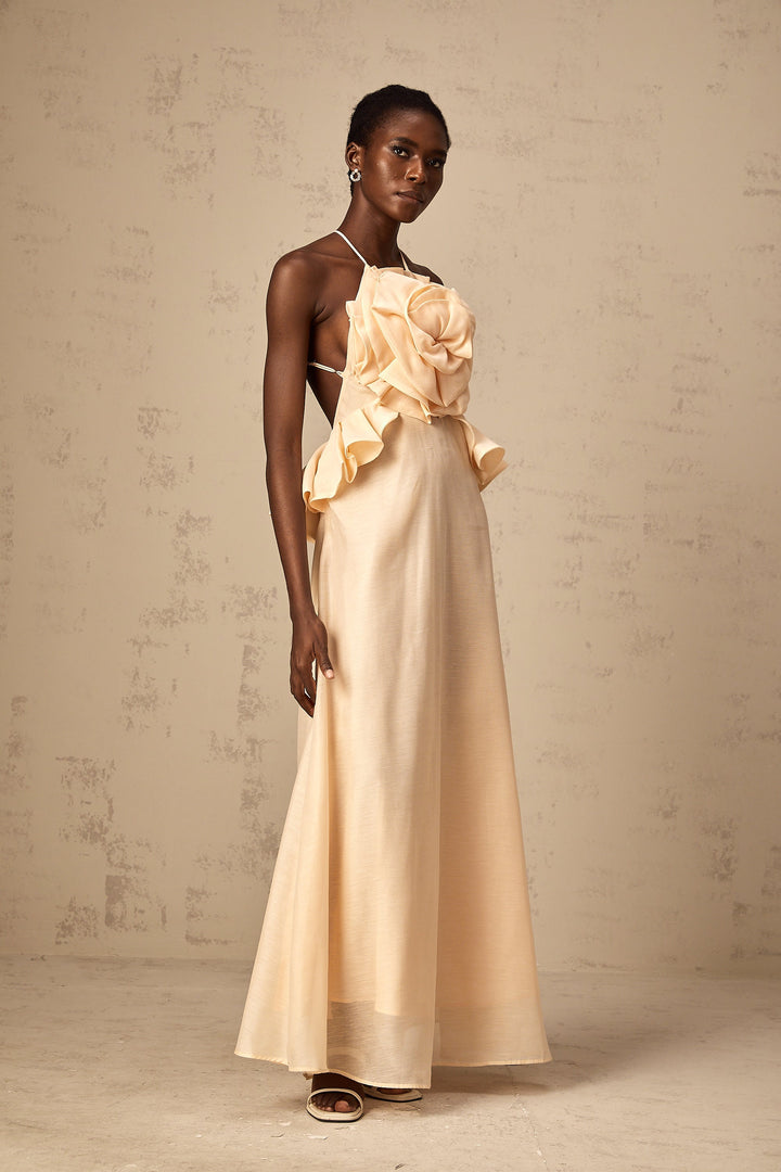 Levoire | Rosa 3D Fleur Volant Maxi Robe