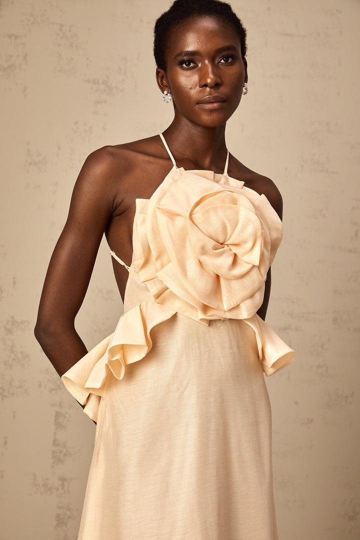 Levoire | Rosa 3D Fleur Volant Maxi Robe