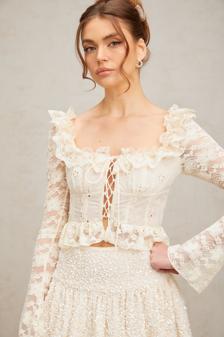 Levoire | Blanc Off Fleurs Dentelle Volant Chemisier