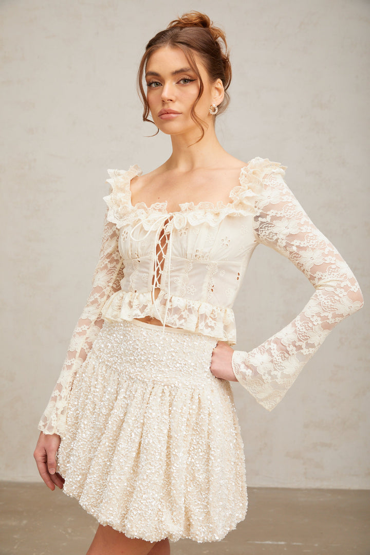 Levoire | Blanc Off Fleurs Dentelle Volant Chemisier