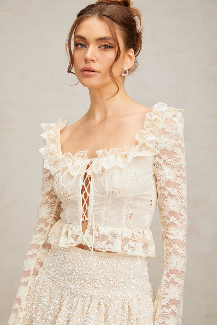 Levoire | Blanc Off Fleurs Dentelle Volant Chemisier