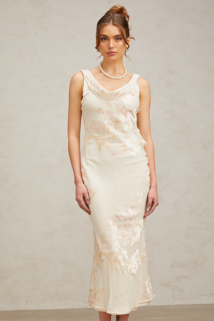 Levoire | Robe Midi Jacquard Floral Beige