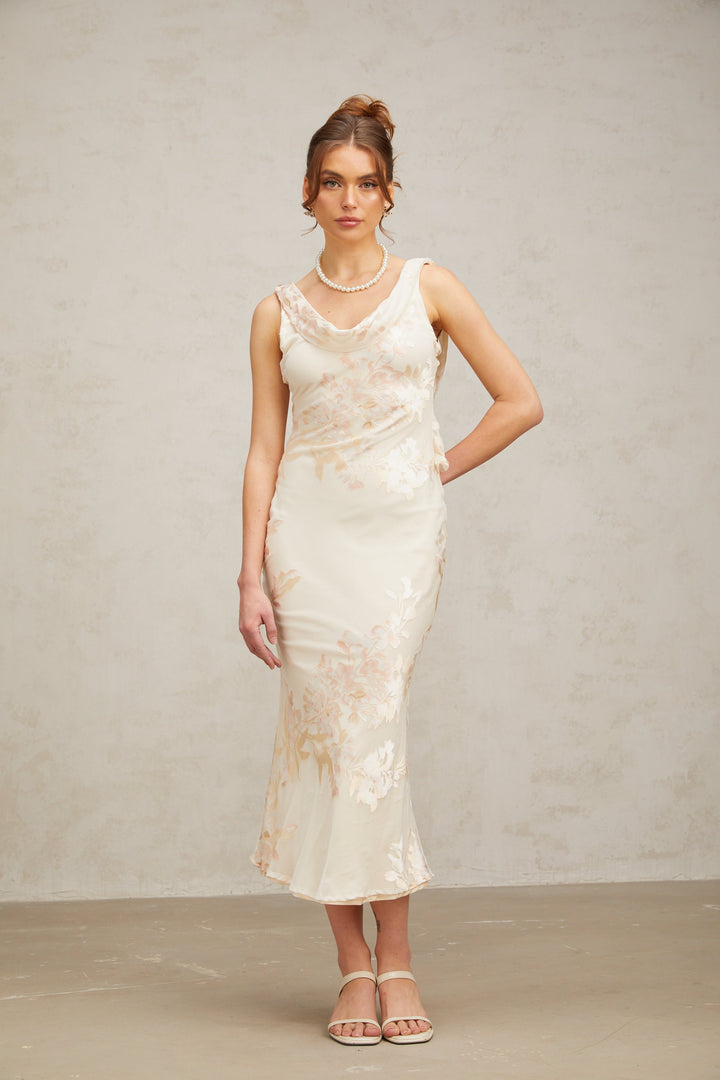Levoire | Robe Midi Jacquard Floral Beige